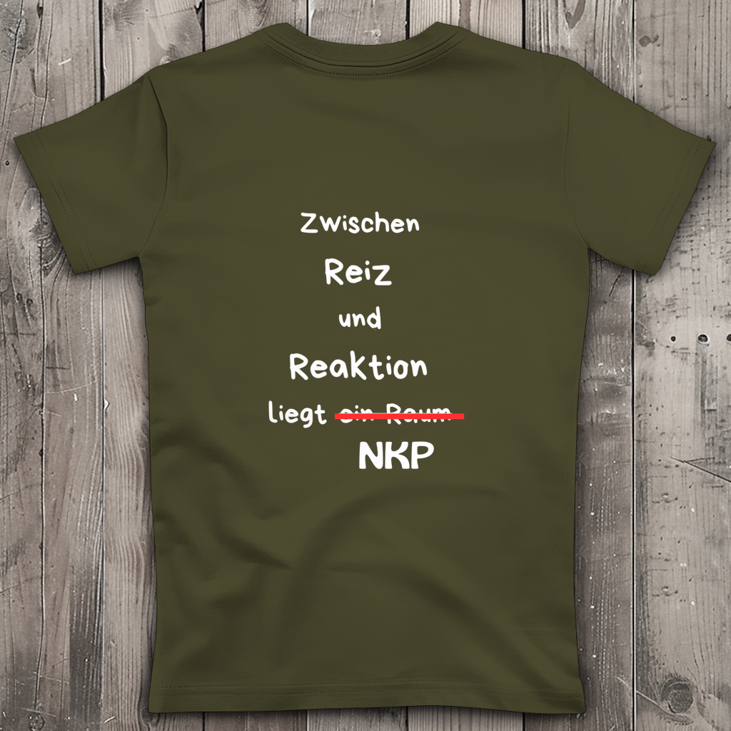 Damen Premium Bio V-Neck T-Shirt ∣ Reiz und Reaktion ∣ Logo in weiß