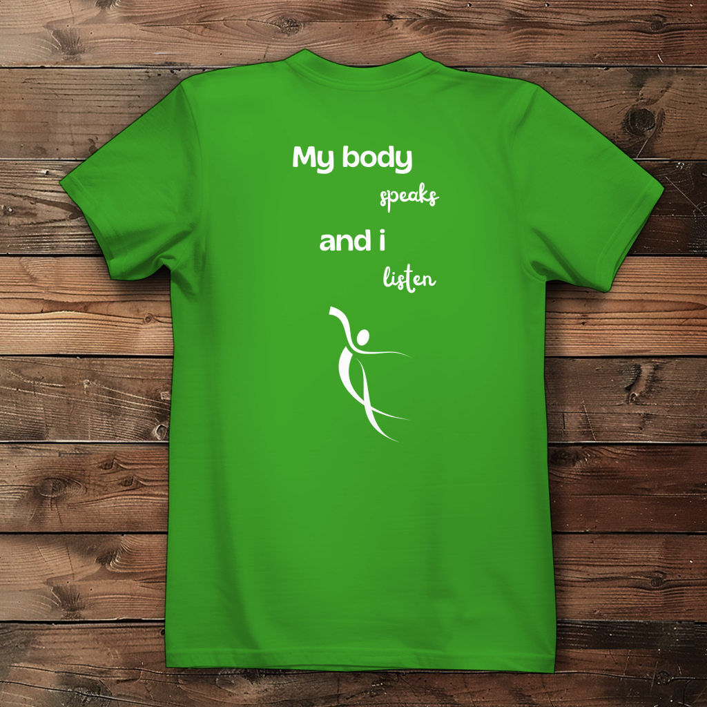 Damen Premium Bio T-Shirt ∣ My Body speaks ... ∣ Logo in weiß