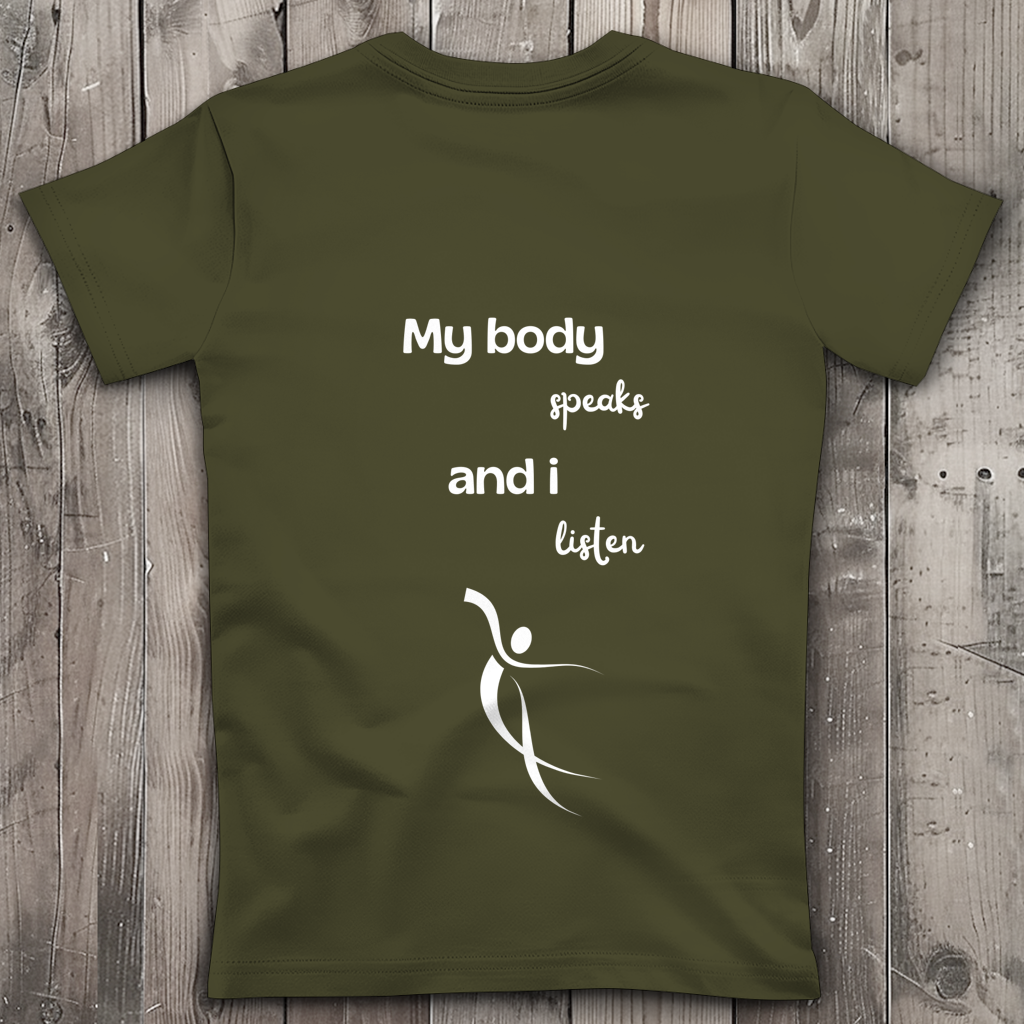 Damen Premium Bio V-Neck T-Shirt ∣ My Body speaks... ∣ Logo in weiß