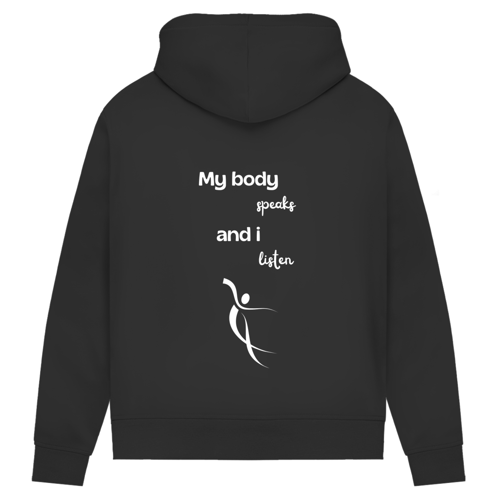 Damen Premium Bio Hoodie Body ∣ My Body speaks... ∣ Logo in weiß