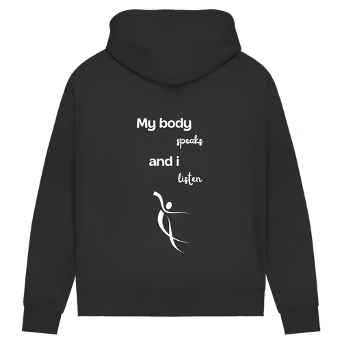 Damen Premium Bio Hoodie Body ∣ My Body speaks... ∣ Logo in weiß