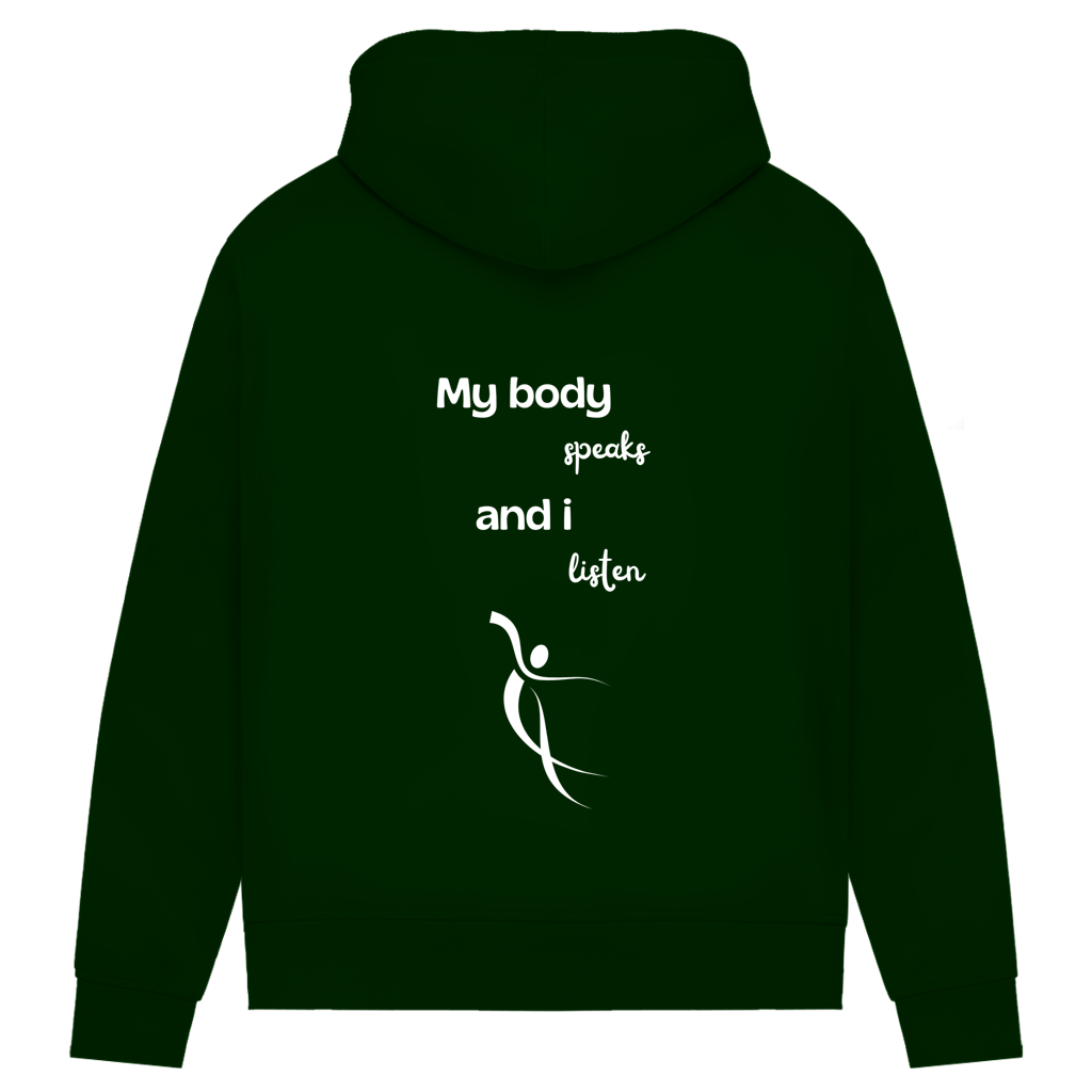 Damen Premium Bio Hoodie Body ∣ My Body speaks... ∣ Logo in weiß