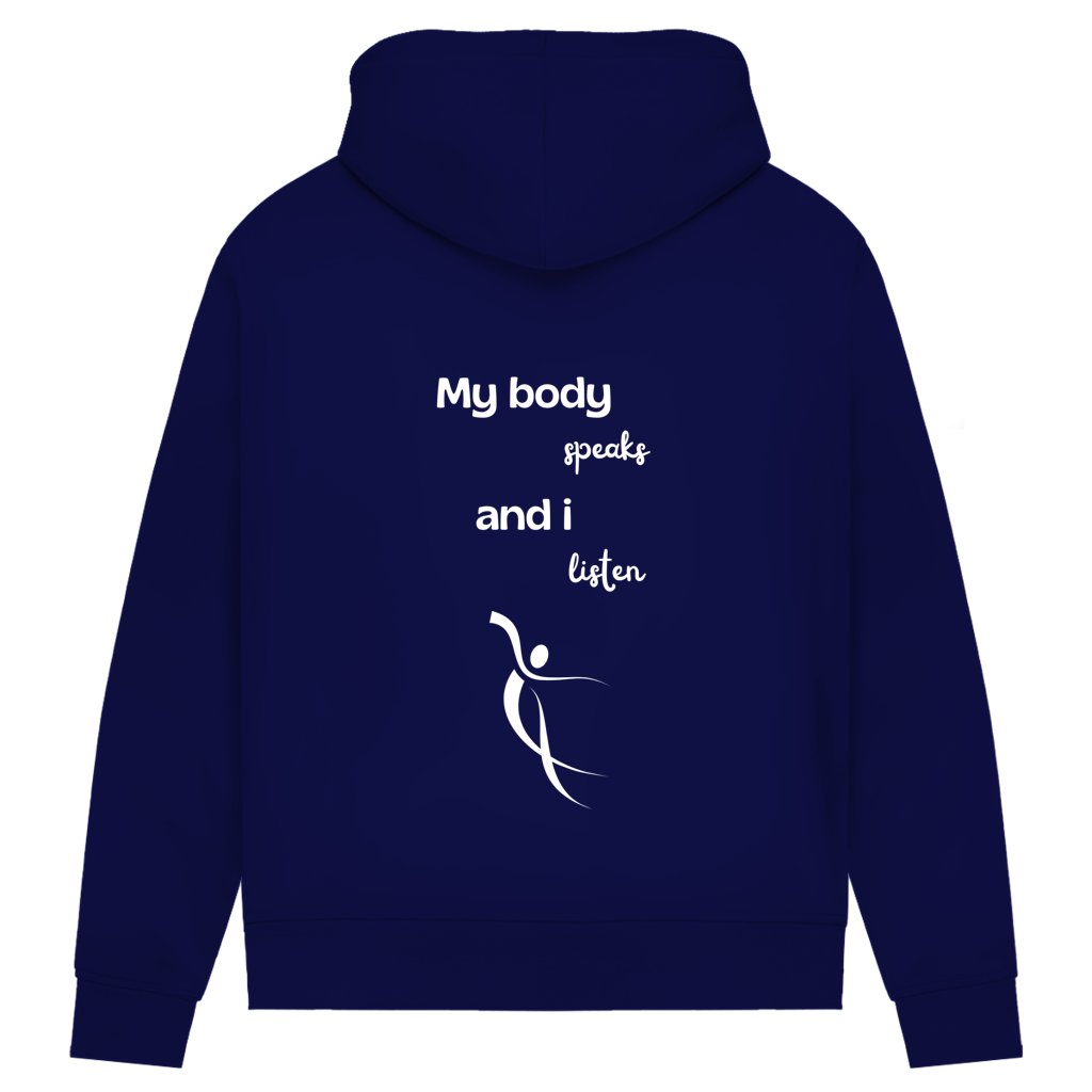 Damen Premium Bio Hoodie Body ∣ My Body speaks... ∣ Logo in weiß