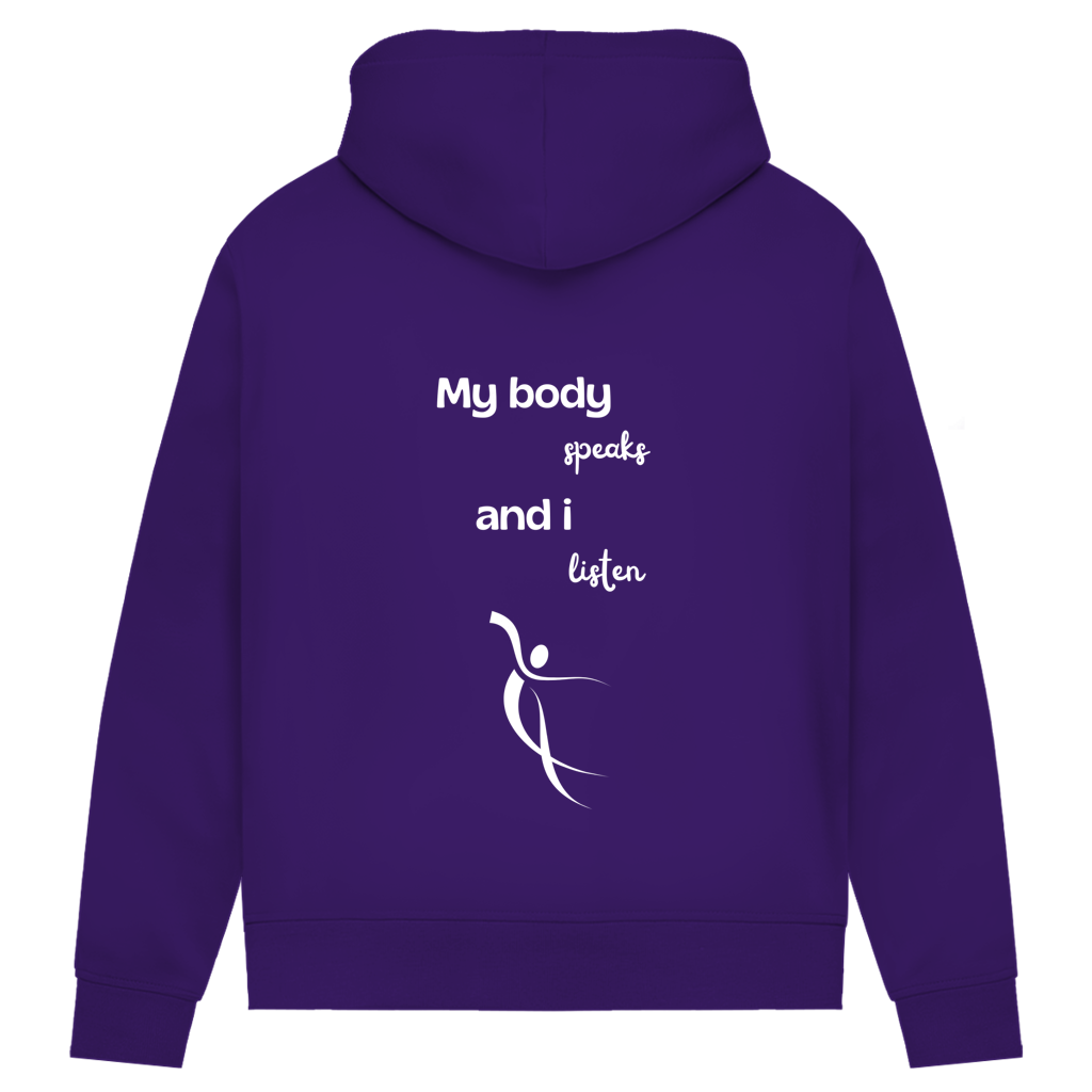 Damen Premium Bio Hoodie Body ∣ My Body speaks... ∣ Logo in weiß