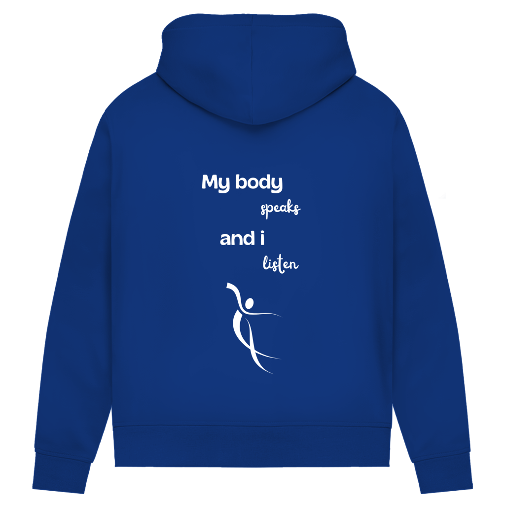 Damen Premium Bio Hoodie Body ∣ My Body speaks... ∣ Logo in weiß