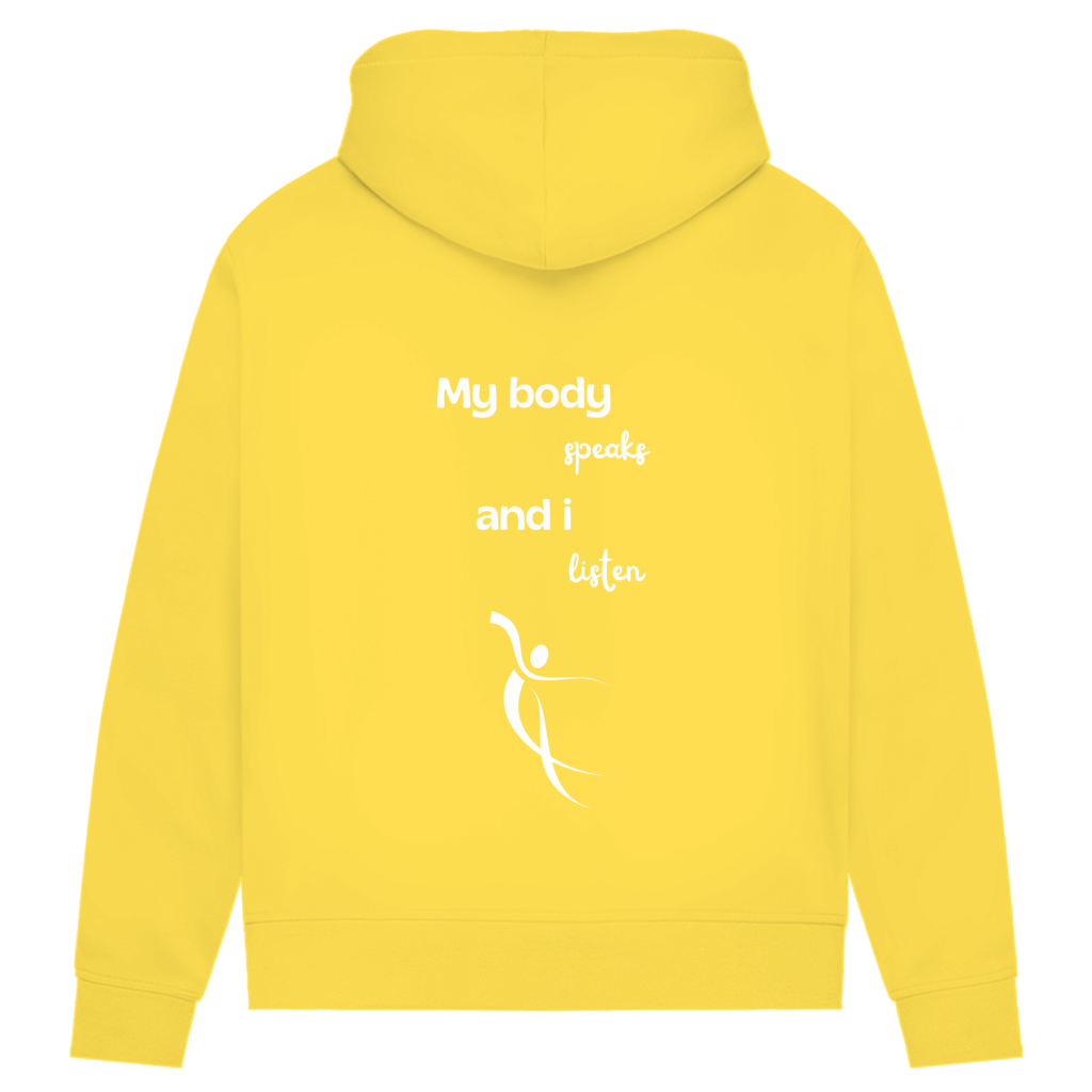 Damen Premium Bio Hoodie Body ∣ My Body speaks... ∣ Logo in weiß