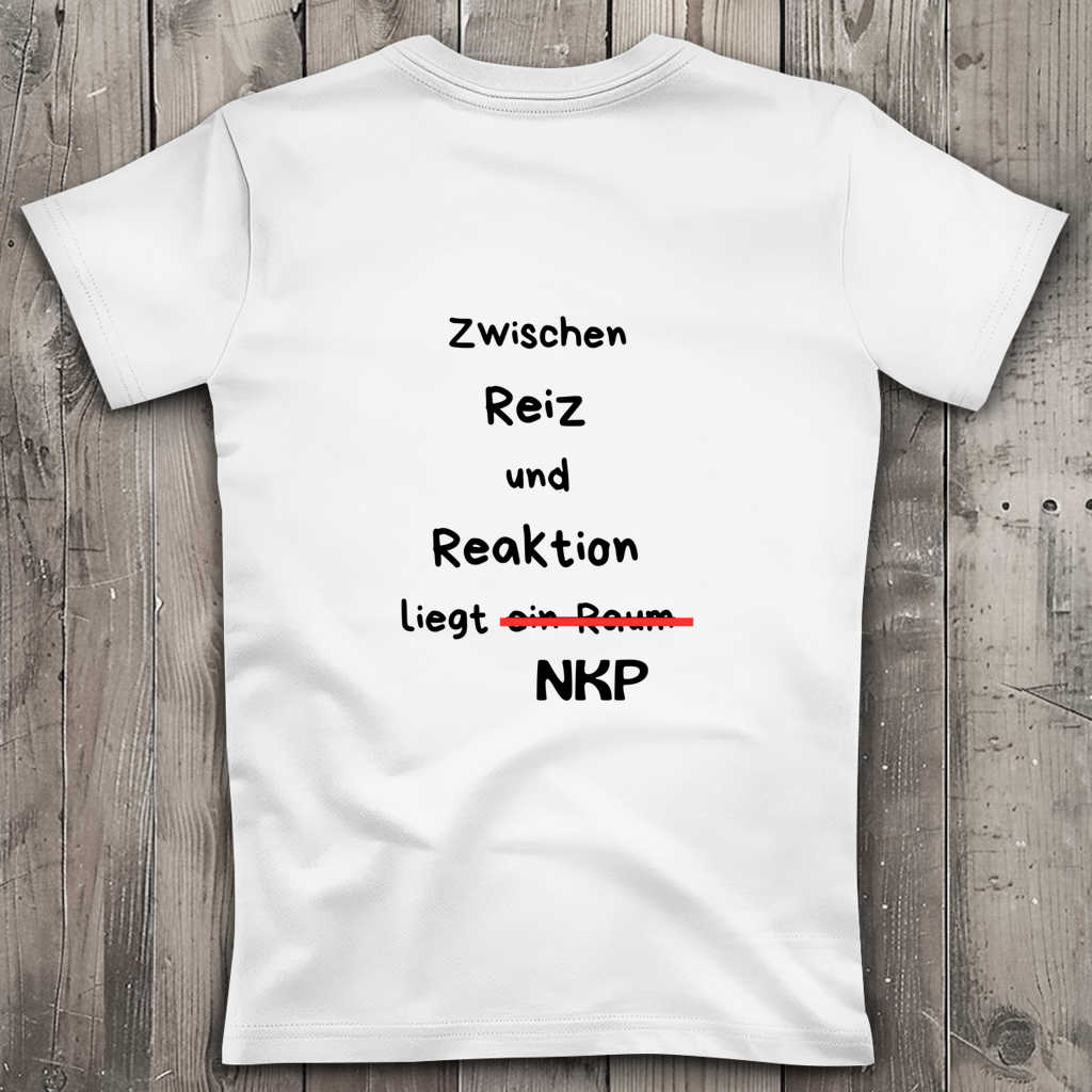 Damen Premium Bio V-Neck T-Shirt ∣ Reiz und Reaktion ∣ Logo in schwarz
